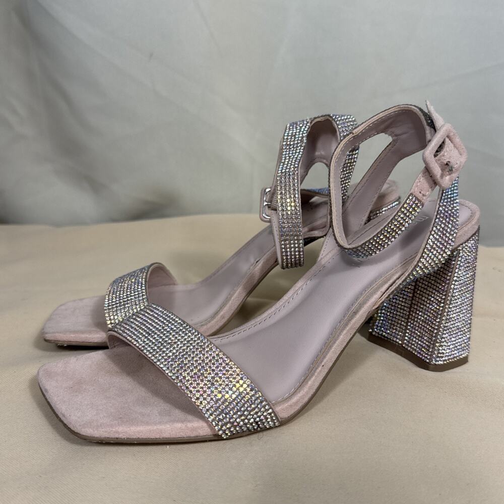 Madden Girl Block Heels Womens 8M Blush Rhinestones Strappy McBling Hoco Wedding